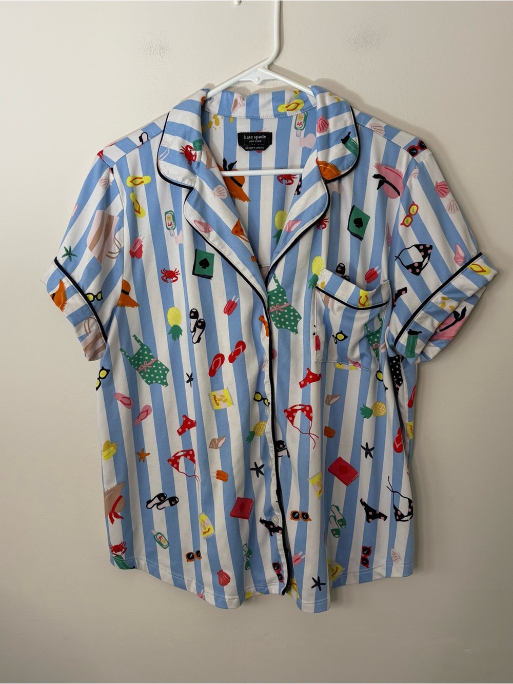Kate Spade White/Blue CABANA STRIPES/BEACH-THEMED Knit Pajama Top XL